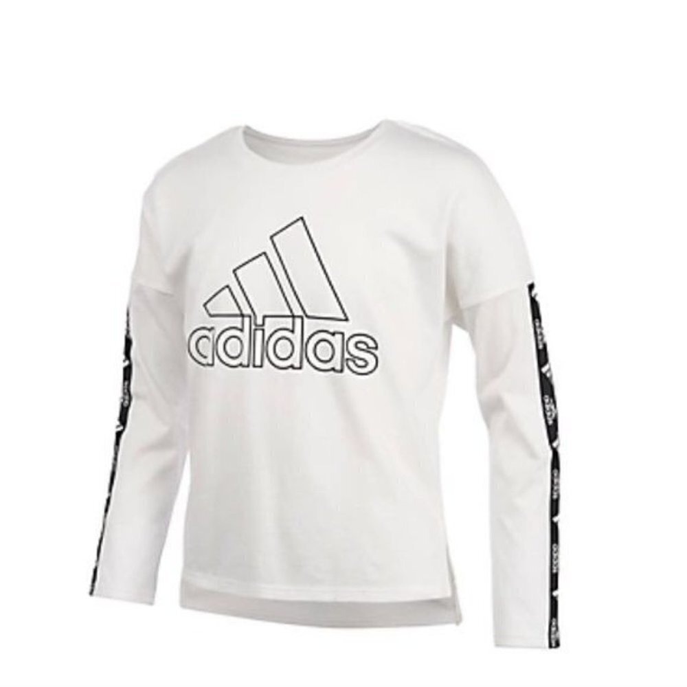 Adidas Girls Size Large Long Sleeve Logo Graphic High Low T-Shirt White Black